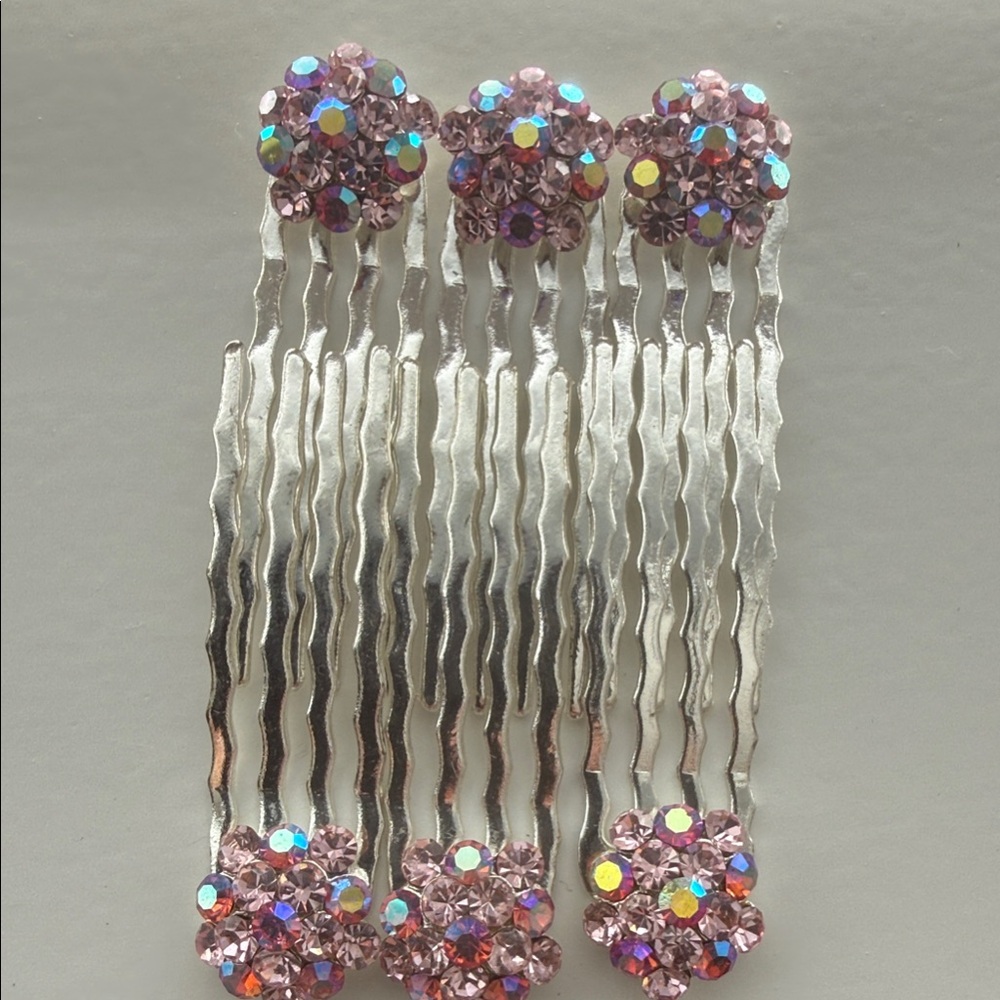 Vintage Rhinestone Pink Floral Hair Bobby Pins - Set of 6